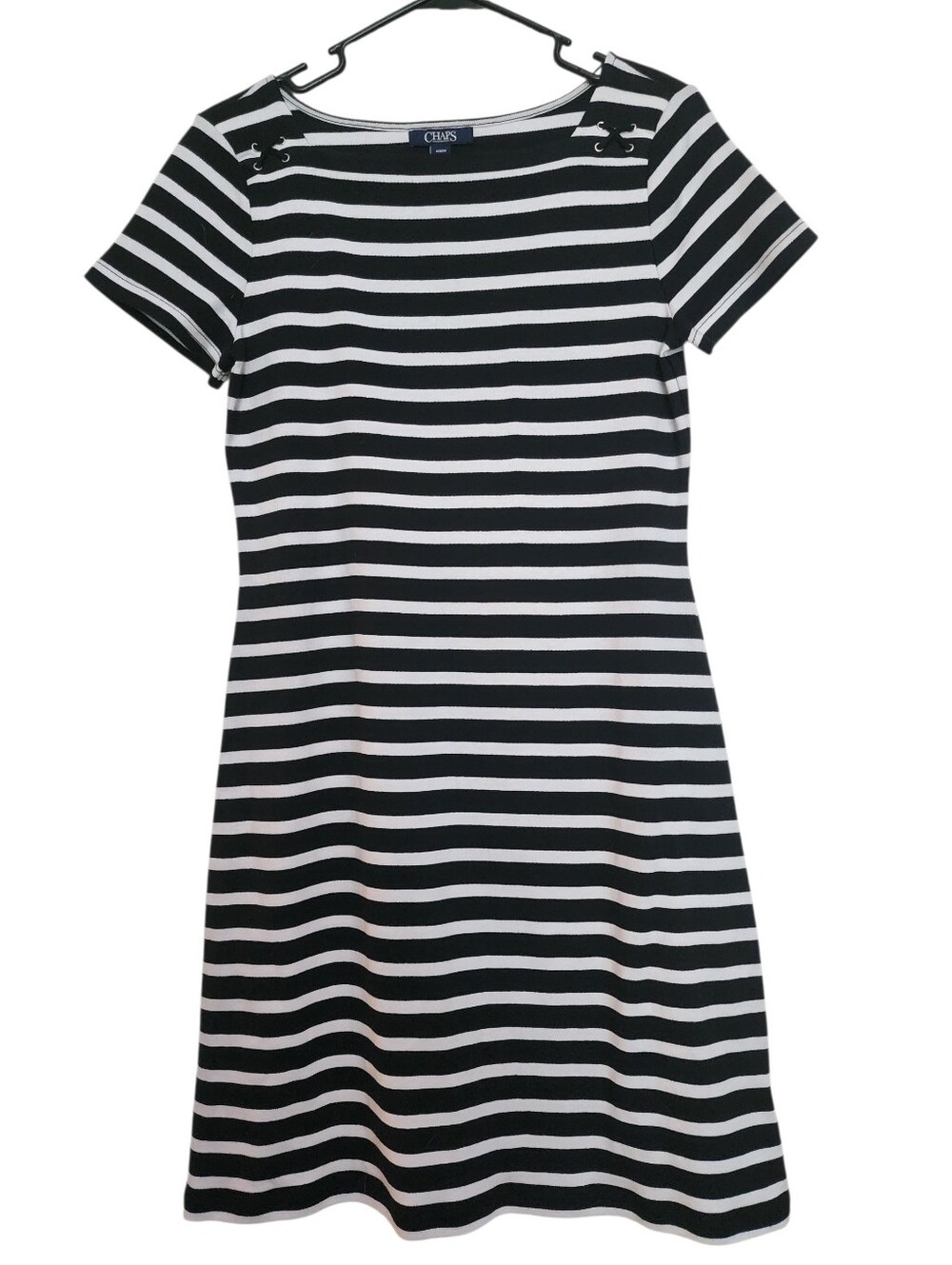 Chaps Black & White Striped Short Sleeve A-Line Nautical Cotton Dress SZ Medium